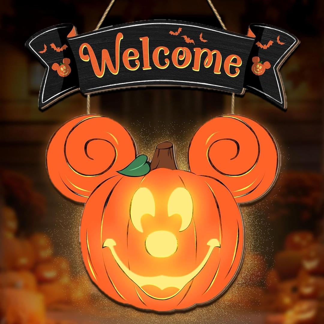 Halloween Mouse Pumpkin Lantern - Porch Decor with Light, Wreath & Indoor Window Decorations
