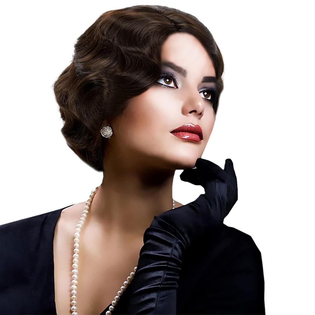 Short Black 1920s Wig for Women Gatsby roaring 20s Finger Wave Party Synthetic Full Vintage Wigs for Womens Lady Cosplay Costume Fancy Dress 1920 Flapper Wig (Dark Brown)