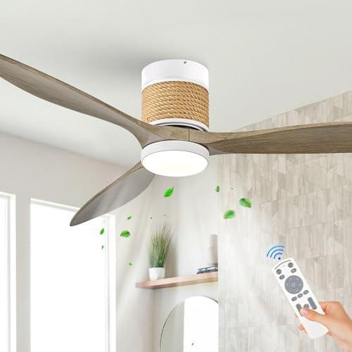 60in Boho White Ceiling Mount Fan Light Dimmable with Remote Control 3 Blade Hemp Rope Ceiling Fan with Light Coastal Weathered Wood Ceiling Fan Outdoor for Balcony Kitchen Bedroom, F22