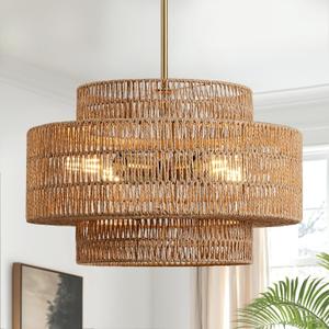 4-Light Boho Rattan Chandelier Light Fixture, 17.7 Hand Woven Rustic Chandeliers Farmhouse Chandelier Hanging Light for Dining Room Kitchen Island, Living Room, Foyer