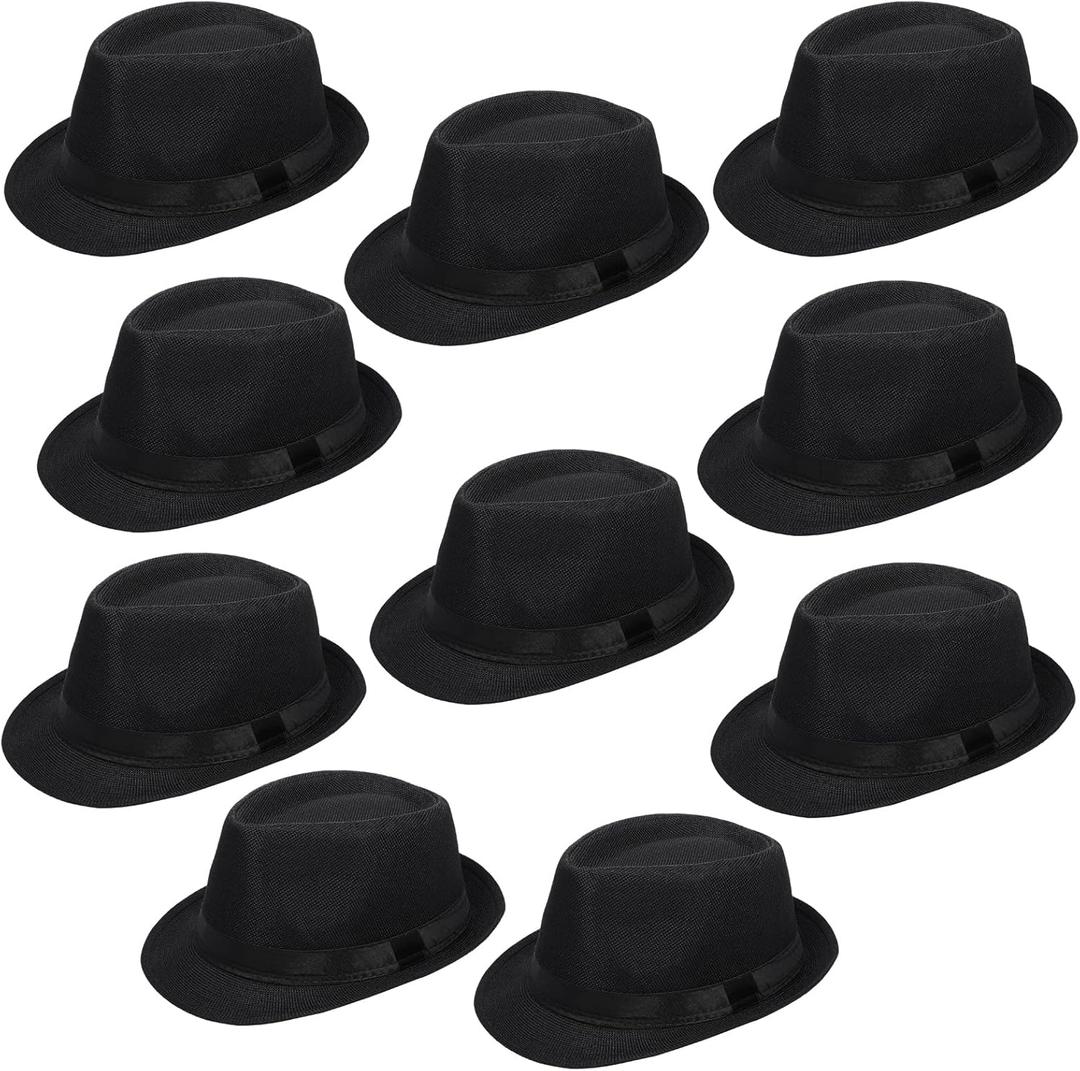Haysandy 10 Pack 1920s Fedora Hats for Men Short Brim Sun Panama Hats for Men Women Party Costume (One Size, Black)