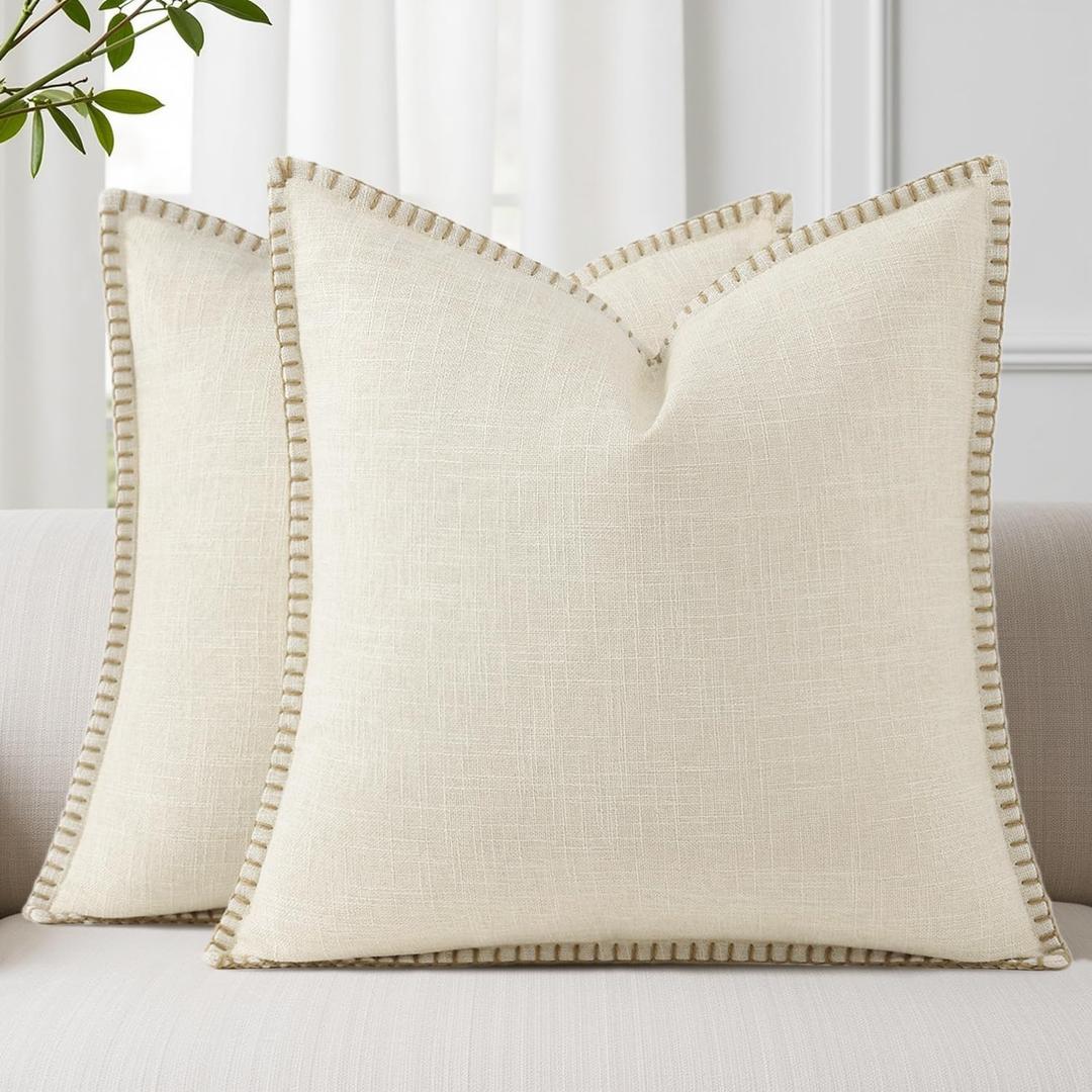 decorUhome Summer Decorative Throw Pillow Covers 16x16 Set of 2 Square Faux Linen Farmhouse Pillow Covers with Stitched Edge Outdoor Neutral Pillow Covers for Couch Sofa Living Room, Cream White