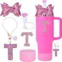 2 x 5Pcs Stanley Cup Accessories Set,Letter Charm for Stanley Cups,Including Diamond Straw,Bow straw,Sparkly Silicone Boot for Stanley Cup 30oz&40oz(T)