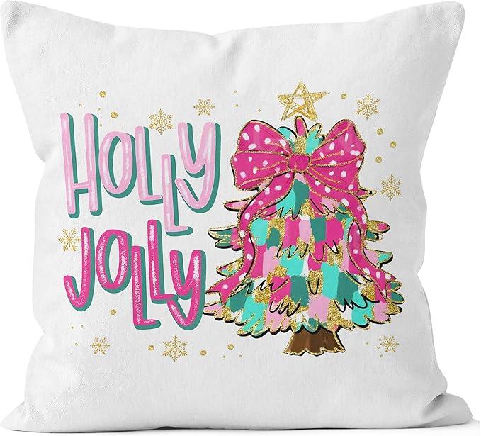 QGFM Pink Coquette Bow Christmas Tree Pillow Covers 18x18, Preppy Christmas Decor, Colorful Xmas Tree Snowflake Holiday Decorative Pillow Covers for Couch Sofa Bedroom Living Room Home Pack of 2