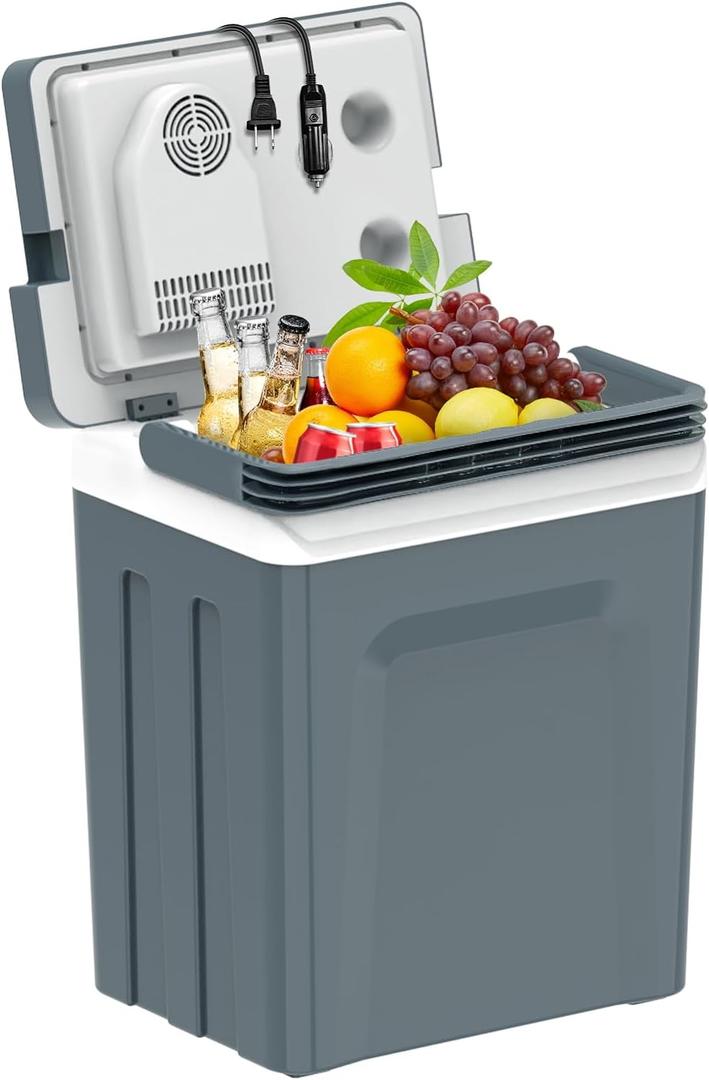 SHAREWIN Electric Cooler & Warmer with Handle 26.5 Quart/25L Portable Thermoelectric Fridge for Vehicles & Trucks with 110V AC & 12V DV, 12V Car Cooler for Camping, Travel Grey