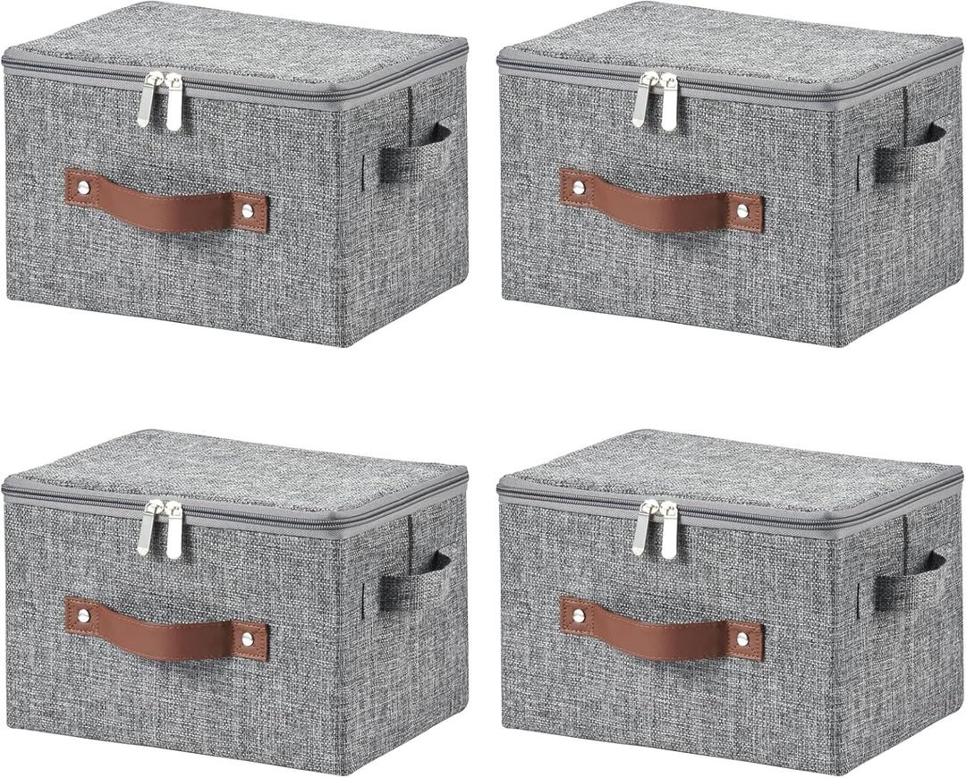 4 Pack Storage Bins with Zipper Lid Cotton Linen Fabric Lidded Storage Baskets Boxes Foldable Washable Closet Shelf Clothes Organizer Container with PU Leather Handles (Gray, Small)