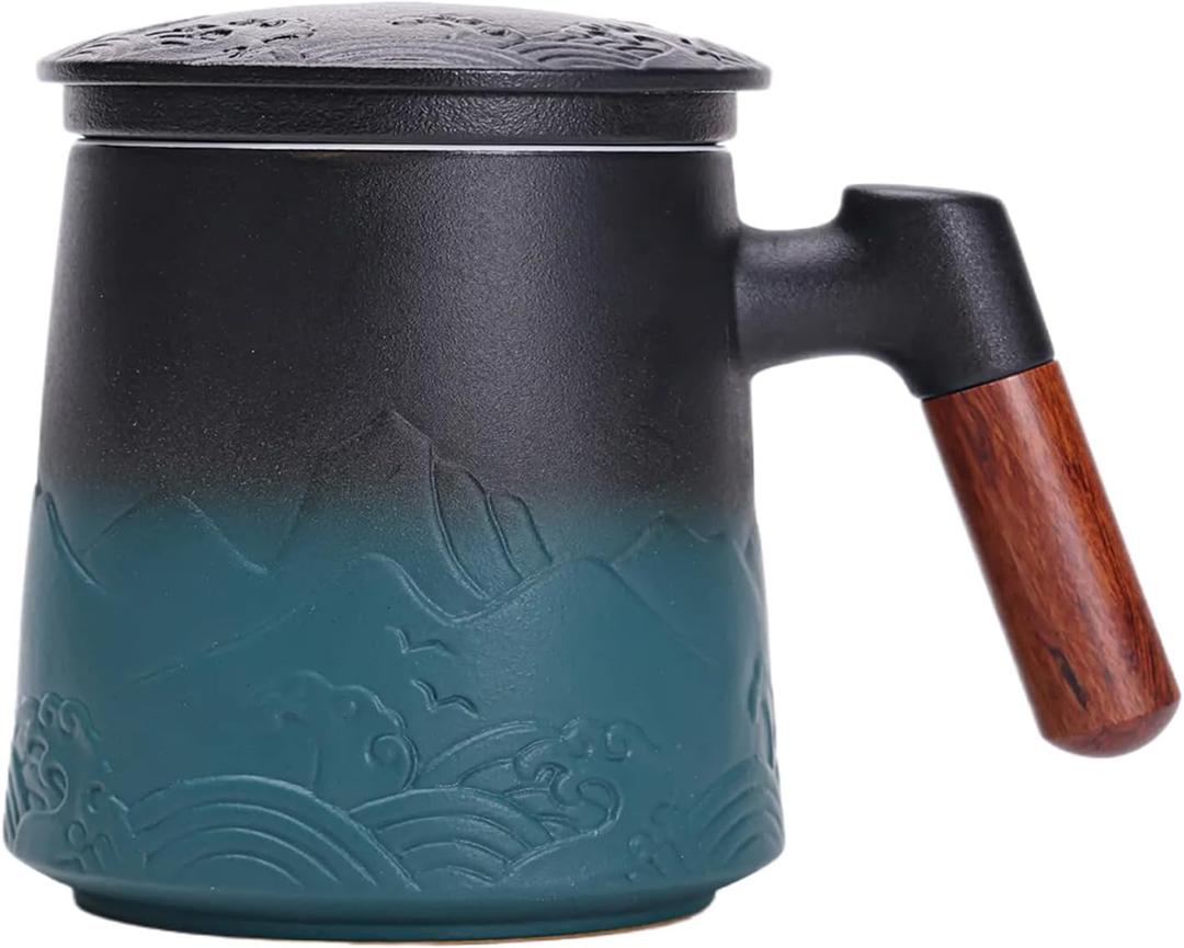 Tea Cup with Infuser and Lid Microwave Safe Mug Handle Ceramic for Warm Hot Water Quality Drinker With Lid Gradient Embossed Large Wooden Steeping Loose Leaf Lover Gifts 17 Oz / 500ml (Black&Green)