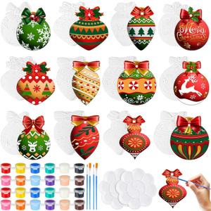 Beeveer 24 Pcs Christmas Ceramics to Paint Ball Ornaments Craft Christmas Ceramic Craft DIY Painting Kit 3D Ready to Paint Your Own Kit Xmas Ball DIY Ornaments Gifts Party Favor