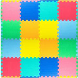 ProSource Foam Puzzle Floor Play Mat for Kids and Babies with Solid Colors, 16 Interlocking Tiles with Borders, Assorted