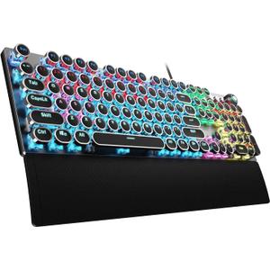 AULA F2088 Typewriter Style Mechanical Gaming Keyboard Blue Switches,Rainbow LED Backlit,Removable Wrist Rest,Media Control Knob,Retro Punk Round Keycaps,USB Wired Computer Keyboard (Black-blue switches)