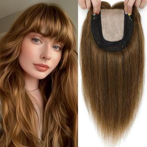 Hair Toppers for Women Real Human Hair, 360 3D Toppers Pieces for Women with Thinning Crown Wispy Bangs 16 Inch Upgrade Big Basement (Light Brown, 16 Inch Wispy Bangs)