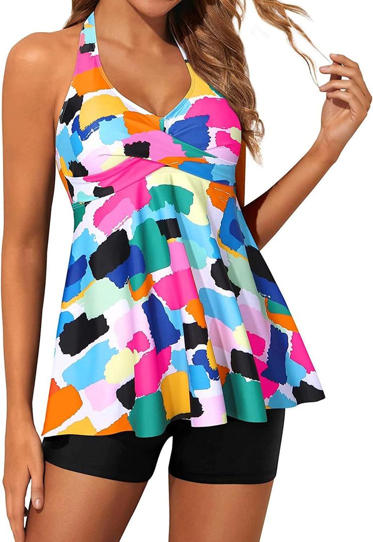 Yonique Two Piece Tankini Swimsuits for Women with Shorts Halter V Neck Bathing Suits Flowy Twist Front Swimwear (XX-Large, Color Block)