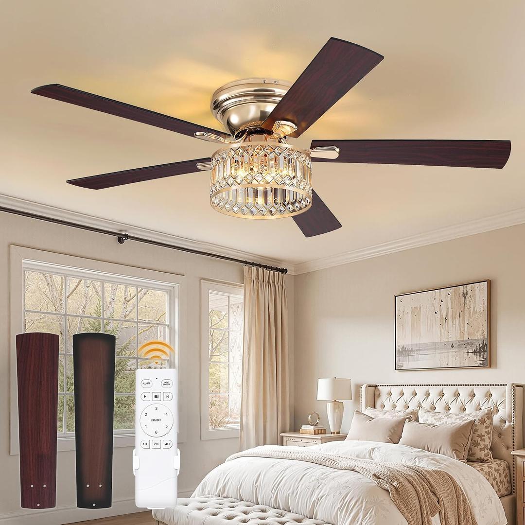 56 Inch Modern Farmhouse Fandelier Ceiling Fans with Lights, Gold Crystal Ceiling Fan with 6-Speeds, Quiet Reversible DC Motor, low profile ceiling fan with light for Bedroom, Living Room, Medium