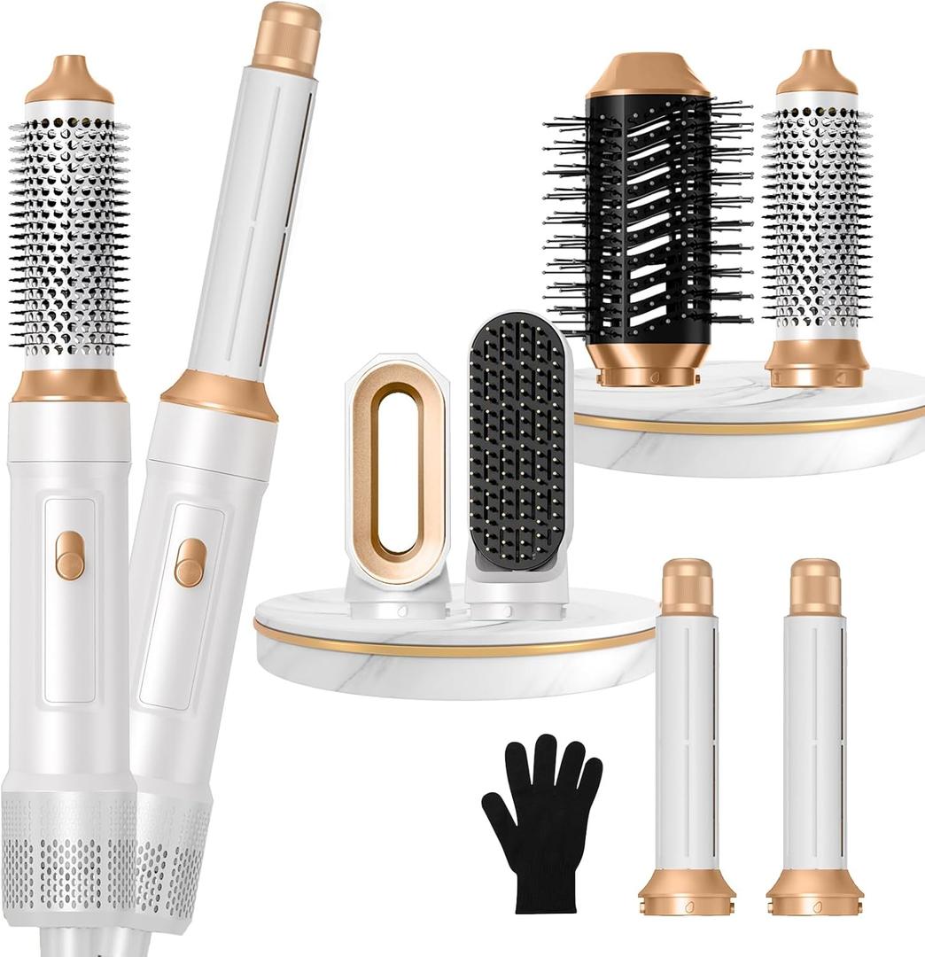 6 in ONE Blow Dryer Brush, Curling Wand Hair Styling Tools Set, Ionic Hot Air Hair Dryer, Massage Oval Hair Dryer, Left&Right Hair Curlers 100-120V (White)