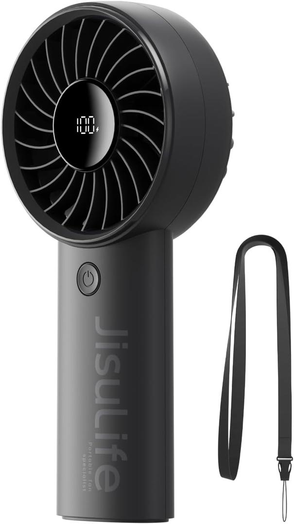 JISULIFE Handheld Fan Life4[5-Speed Turbo Wind Pro],5000mAh Portable Rechargeable Fan with LED Display, Powerful Motor, Summer Essentials for Travel,Beach,Vacation,Makeup,Concerts,Cruise-Black