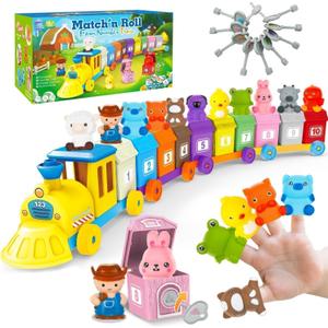 BOLZRA Farm Animals Train Toy for Toddlers 1 2 3 4 5 Years Old, Counting, Matching, Sorting Montessori Learning Toy with 11 Finger Puppets, Keys, Barns, Educational Christmas Birthday Gift for Kids