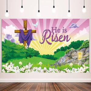 Happy Easter Day Banner Party Decorations He is Risen Banner Photography Backdrop, Large Fabric Easter Cross Religious Photo Background for Jesus Easter Spring Party Supplies, 72.8 X 43.3 Inch