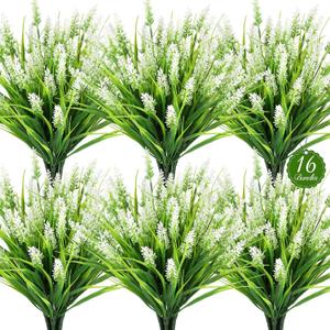 16 Bundles Artificial Plants Outdoor, UV Resistant Fake Lavender & Monkey Grass, Realistic Plastic Faux Plants for Balcony, Patio, Porch Greenery Decor, Planter Filler(White)