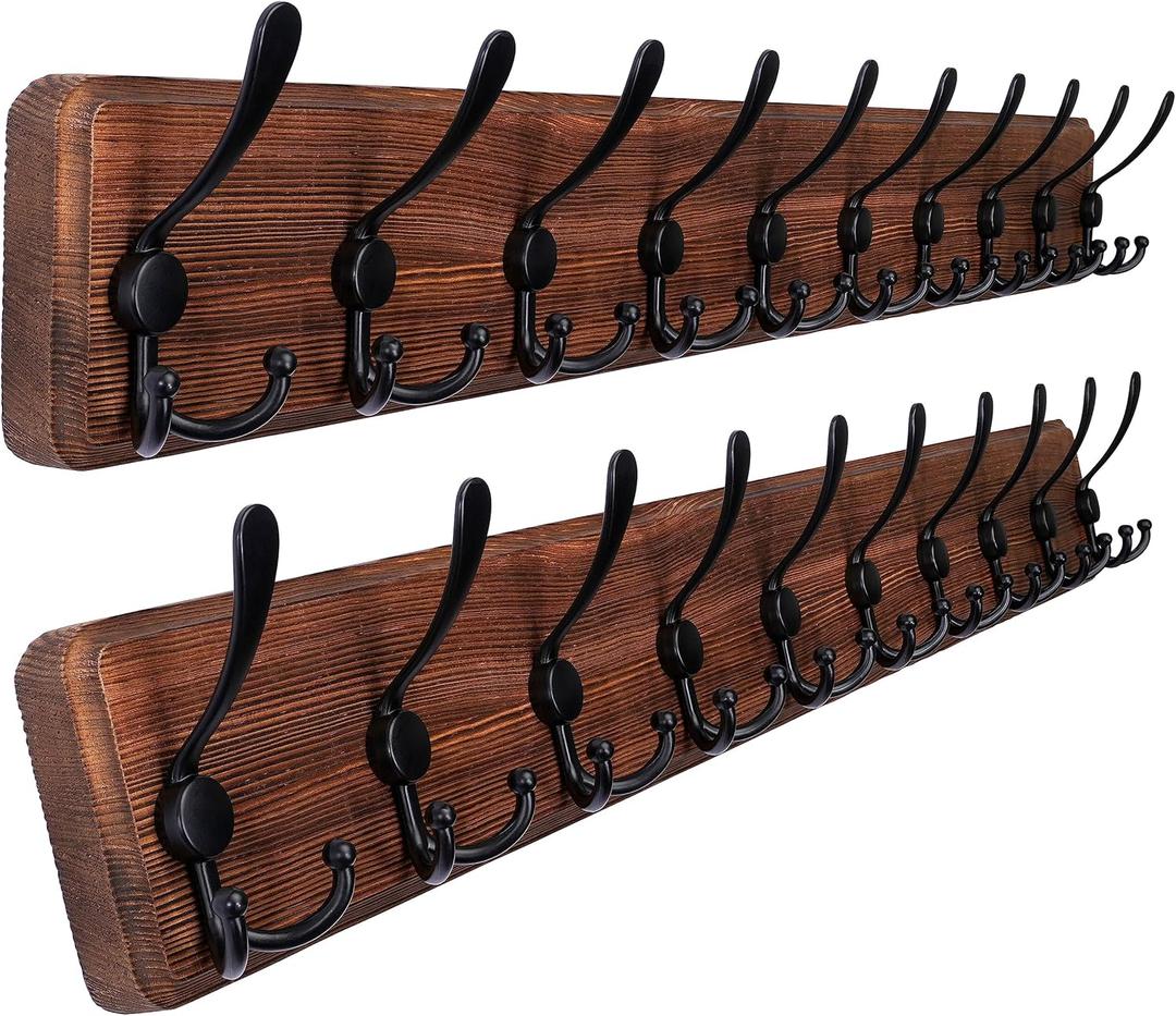 SKOLOO Rustic Large Wall Mounted Coat Rack-38.6'' Long Coat Rack for Wall, Pine Solid Wood Coat Rack Hook, Farmhouse Coat Hanger Wall Mount for Hanging Jacket Coat Hat, Pack of 2 (Brown Plate & Black Hook)