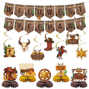 Western Party Decorations Wild West Yee Haw Banner Western Table Centerpiece Ceiling Streamers Hanging Swirls Cowboy Themed Birthday Party Supplies (Brown)