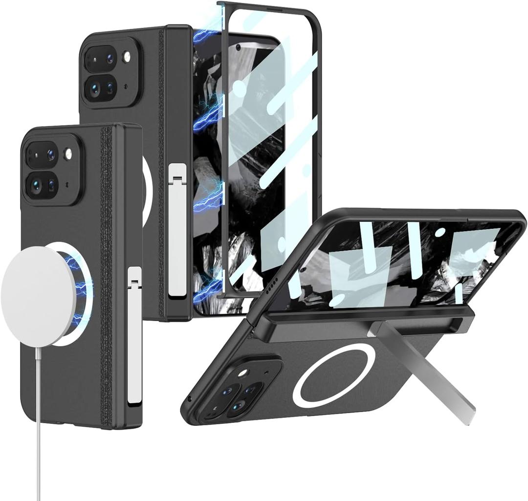 Phone Case for Google Pixel 9 Pro Fold Compatible with MagSafe Wireless Charger with Screen Protector Hinge Protection Kickstand Phone 360 Full Body Cover for Pixel 9 Pro Fold - Black