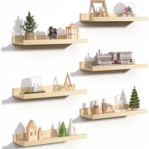 Upsimples Floating Shelves for Wall, Wall Shelves for Decor Storage Set of 6, Wall Mounted Wood Shelf for Bedroom, Living Room, Bathroom, Kitchen, Picture Ledge Shelves, Natural (15.7 In)