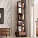 Solid Wood Rotating Bookshelf Tower on Wheels, 5-Tier Spinning Bookcase with Drawer, 72" Floor Standing Revolving Bookshelf, Rotating Bookcase for Small Space, Walnut, 18.87 inches x 18.87 inches x 72.84 inches