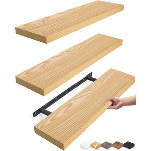 BAYKA Floating Shelves for Wall, 22.5 inches Wall Mounted Rustic Wood Shelves for Bathroom, Bedroom, Living Room, Floating Shelves for Books/Storage/Decor (Light Oak-Toned,Set of 3) (G. Oak-toned - Mid-century Revival Style)