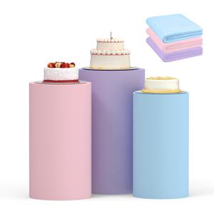 Cylinder Covers Set of 3, Spandex Cylinder Stand Covers for Parties,Round Pedestal Stand Covers for Cylinder Stands for Wedding Party Birthday Display(Cylinder Stands Not Included) (Blue Pink Purple, S+M+L)