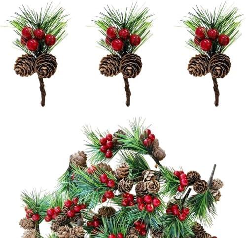 Heyigrow 20 Pcs Christmas Pine Picks, Artificial Needles Branches Red Berries Pine Cones Decoration for Wreath Tree Gift