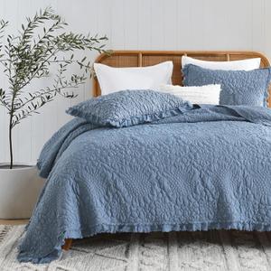 HORIMOTE HOME Blue Ruffled Quilt King Size, Stone-Washed Microfiber Lightweight Crinkled Farmhouse Rustic Shabby Chic Bedding Set, 3 Pieces Reversible Bedspread with Pillow Shams for All Season, King(106"x 96")
