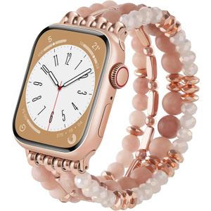 VISOOM Beaded Boho Bracelet for Apple Watch Series 11 10 Se 9 8 7 6 5 4 3 2 1 Bands 42mm 41mm 40mm 38mm Women, Fashion Handmade Cute Crystal beads Stretchy Watch Strap for Iphone iWatch Bracelet Bands (Pink Khaki)