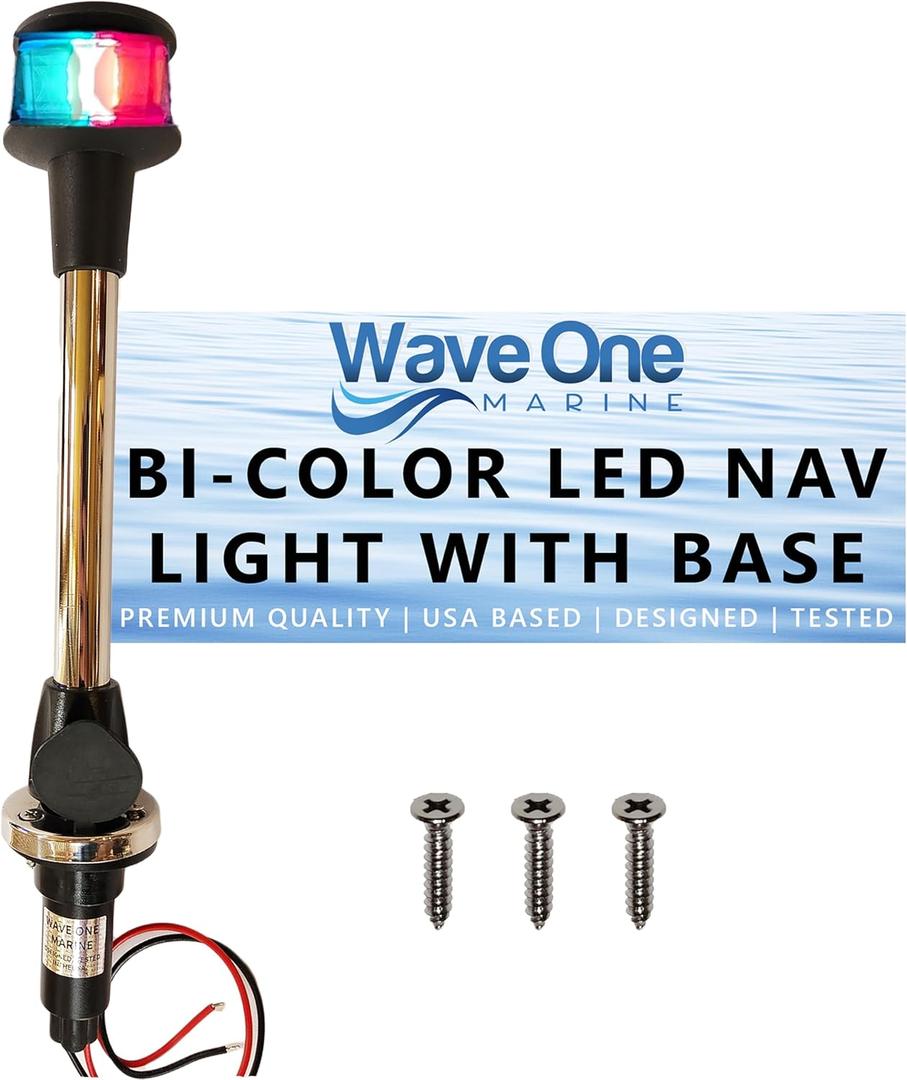 LED Bow Removable Bi-Color Navigation Light With Stainless Plug In Base | Boat 2 Pin Pole Pontoon Red Green 1NM Visibility | 12 Volt DC | Evening Night Nav Waterproof 12"