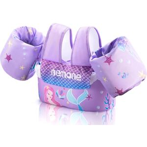 Nemone Toddler Swim Vest for 22-70 lbs Kids Floaties Swim Jacket with Arm Water Wings for Girls Boys 1 2 3 4 5 6 7 Years Old Beach Pool 20 30 40 50 60 66 Pounds Puddle Jumper (A-Purple Mermaid)