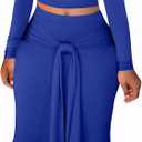 FANDEE Skirt Sets Women 2 Piece Outfits Plus Size Midi Dresses For Curvy Women, Long Sleeves Top & Bodycon Skirts Casual Fall (Medium, Solid Blue)
