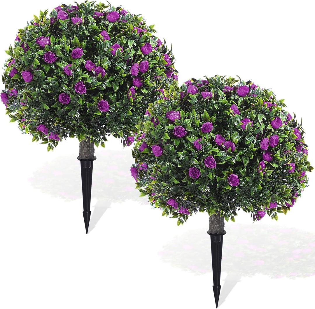 Yunlly 2 Pack Artificial Boxwood Topiary Ball Tree with Faux Rose Bush 18 Inch Outdoor Faux Topiary Shrub with Ground Spike, UV Resistance Fake Plant for Garden Porch Patio Indoor (Light Purple)