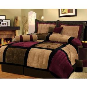 7-Piece King Comforter Set – Luxury Burgundy, Brown, and Black Micro Suede Bed in a Bag – Contemporary Color Block Patchwork Bedding Ensemble with 3 Decorative Accent Pillows & Tailored Bed Skirt