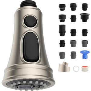 Hibbent Kitchen Faucet Head Replacement, NSF/ANSI/CAN 61 & CUPC Certified, 3 Function Pull Down Faucet Spray Nozzle-15 Adapters Compatible with Moen, American Standard, Delta, Kohler - Brushed Nickel