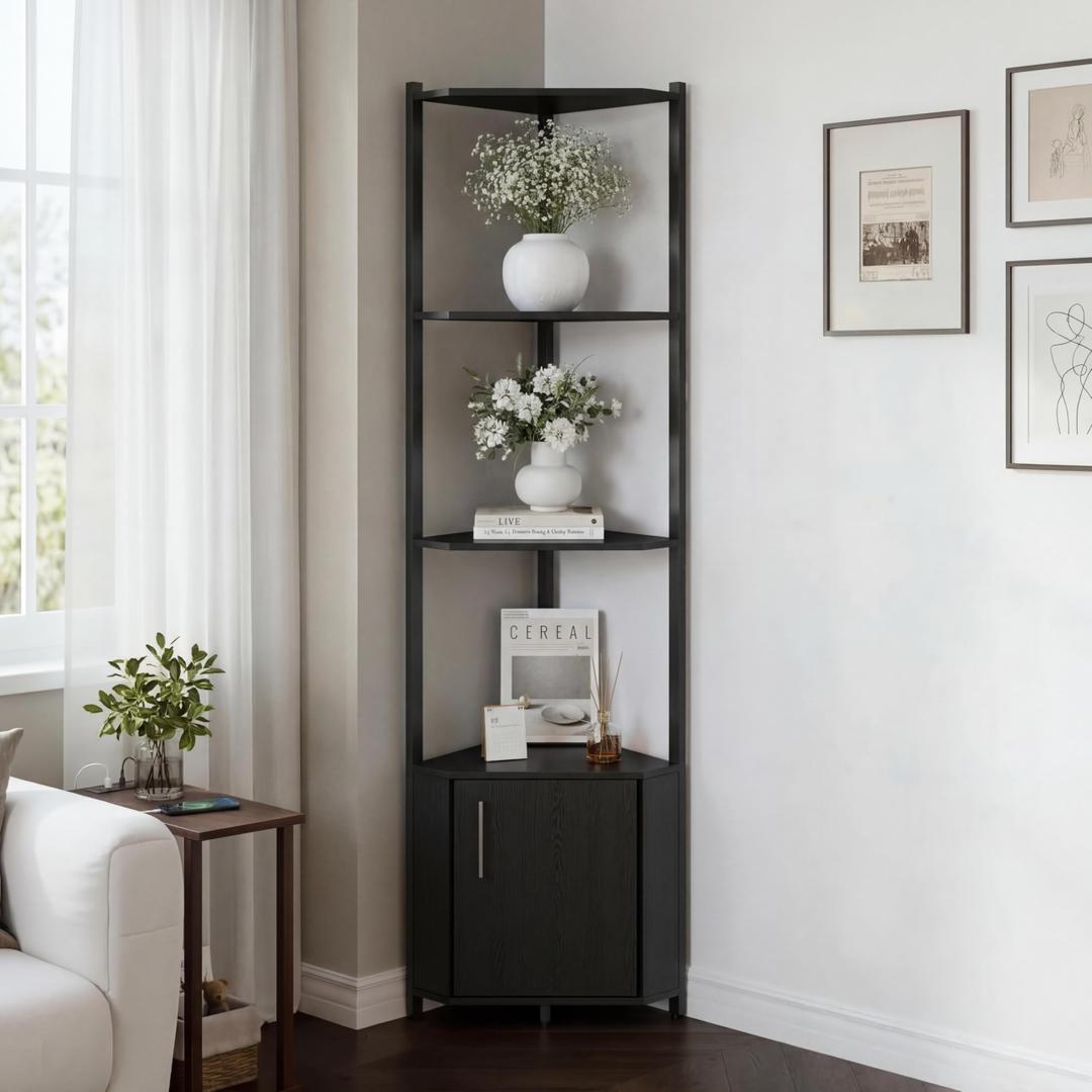 MilleLoom 5-Tier Corner Shelf Stand, 58Tall Metal Frame Narrow Bookshelf with Storage Rack, Easy Assembly Display Shelf for Wall Corner, Bedroom, Living Room, Black