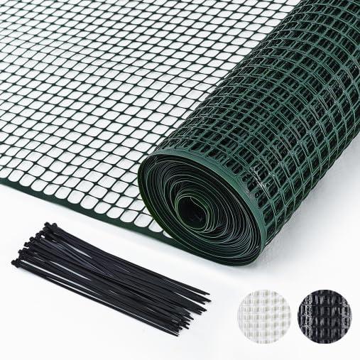 PotatoLife Plastic Hardware Mesh Netting, Garden Netting, Temporary Fence, Tree Guards, Safety Net for Balcony, Deck, Stair Railing, Animal Barrier, Poultry, Deer, with 50 Zip Ties, 4' x 50', Green