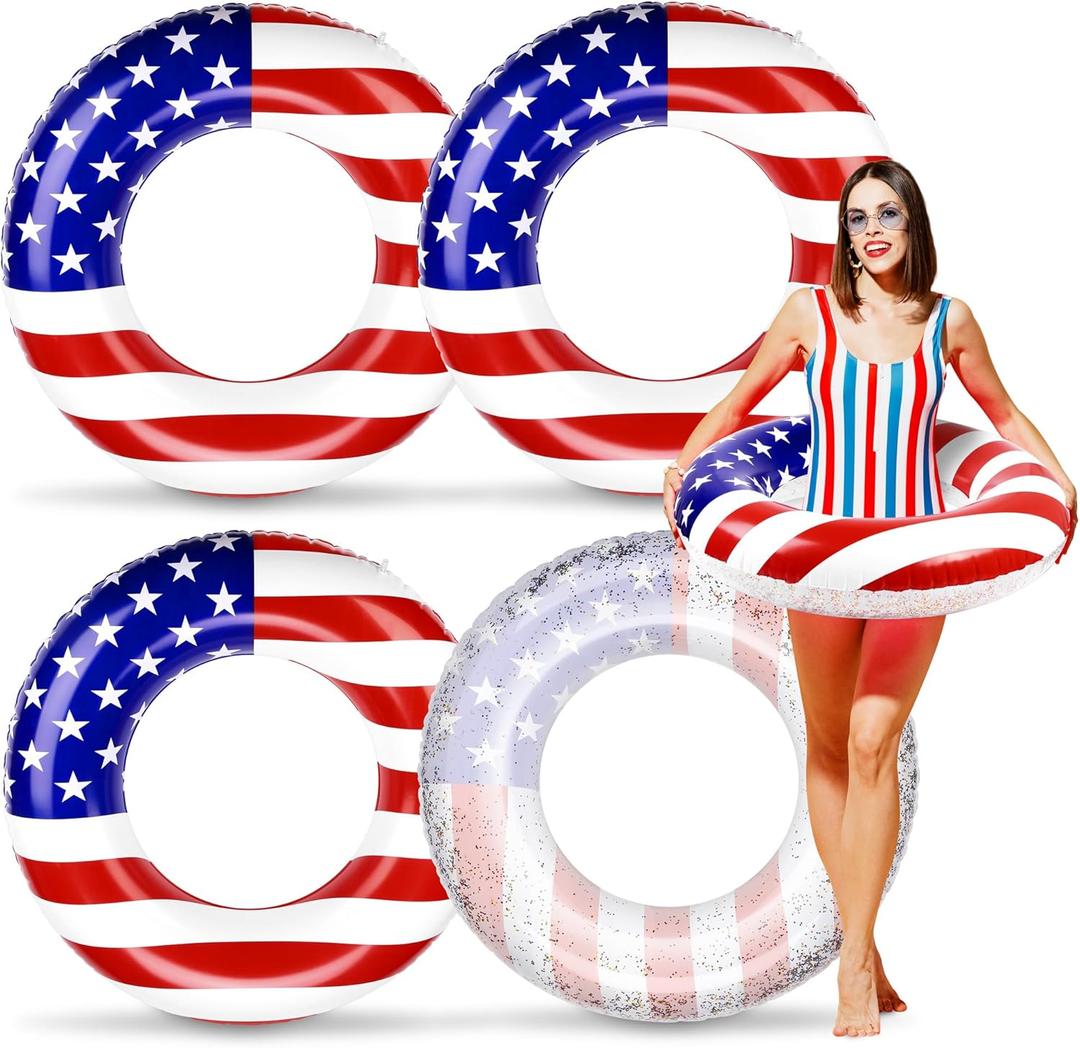 Elcoho 4 Pack Inflatable USA Pool Float Tube USA Flag Swimming Rings Filled with Sparkle Silver Stars Confetti 36 Inches Patriotic Toys Pool Float for Independence Day, Memorial Day, Veterans Day