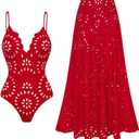 FLAXMAKER Women's One Piece Bathing Suit Petal Hollow V Neck Swimsuit and Skirt (XL)