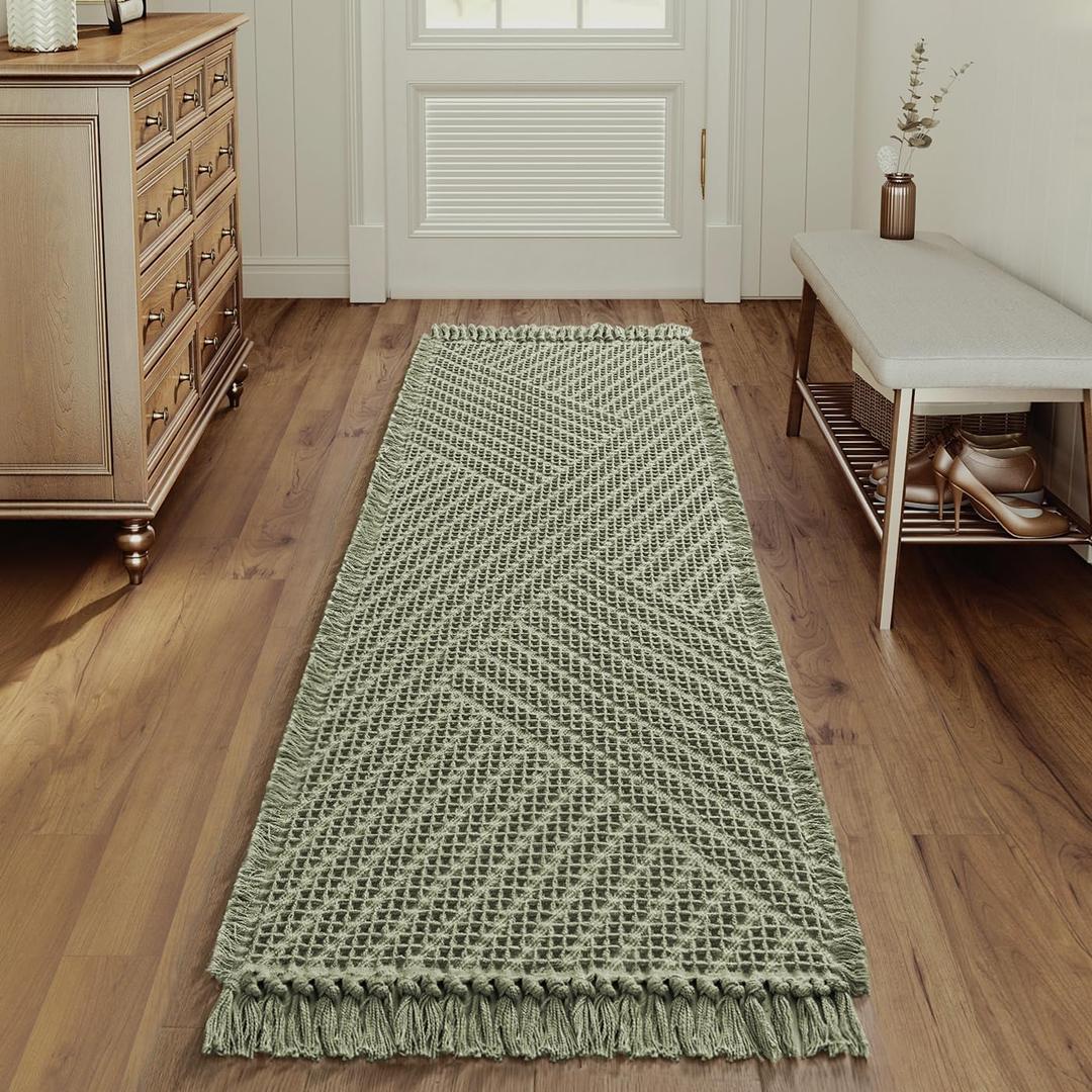 H.VERSAILTEX Waffle Bath Runner Rug Long Bath Mat Super Absorbent Boho Bath Rugs Non Slip Bath Runner for Bathroom Floor Machine Washable Dry Fast Bathroom Rugs with Tassels, 24" x 72", Sage