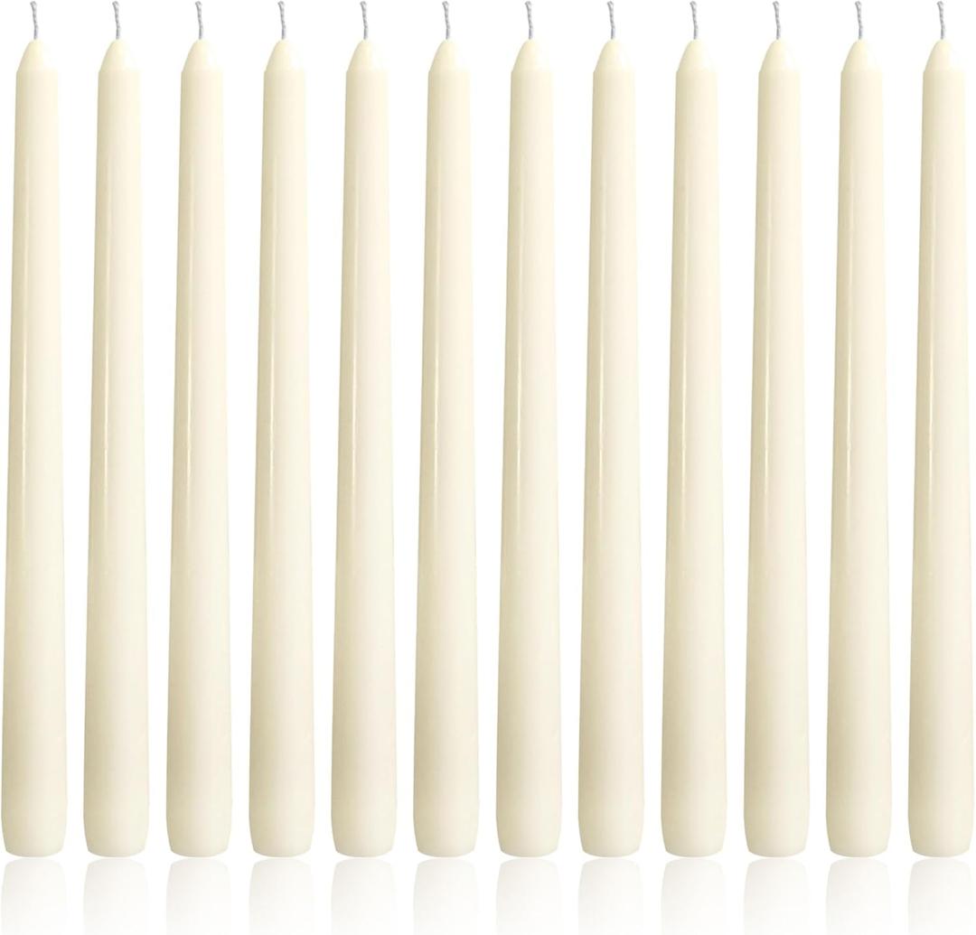 OSHINE Ivory 10 Inch Taper Candles - 12 Pack Long Taper Candle Dripless Unscented Smokeless & Emergency 7-8 Hours Long Burning Tall Candlesticks Ideal for Weddings, Dinner Party, Easter