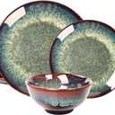 Dinner Set 12 Pieces - Round Reactive Glaze Tableware - Kitchen Dinnerware Porcelain Crockery with Dinner Plate, Bowl and Soup Plate Service for 4, Microwave Dishwasher Safe, Set (No.2)