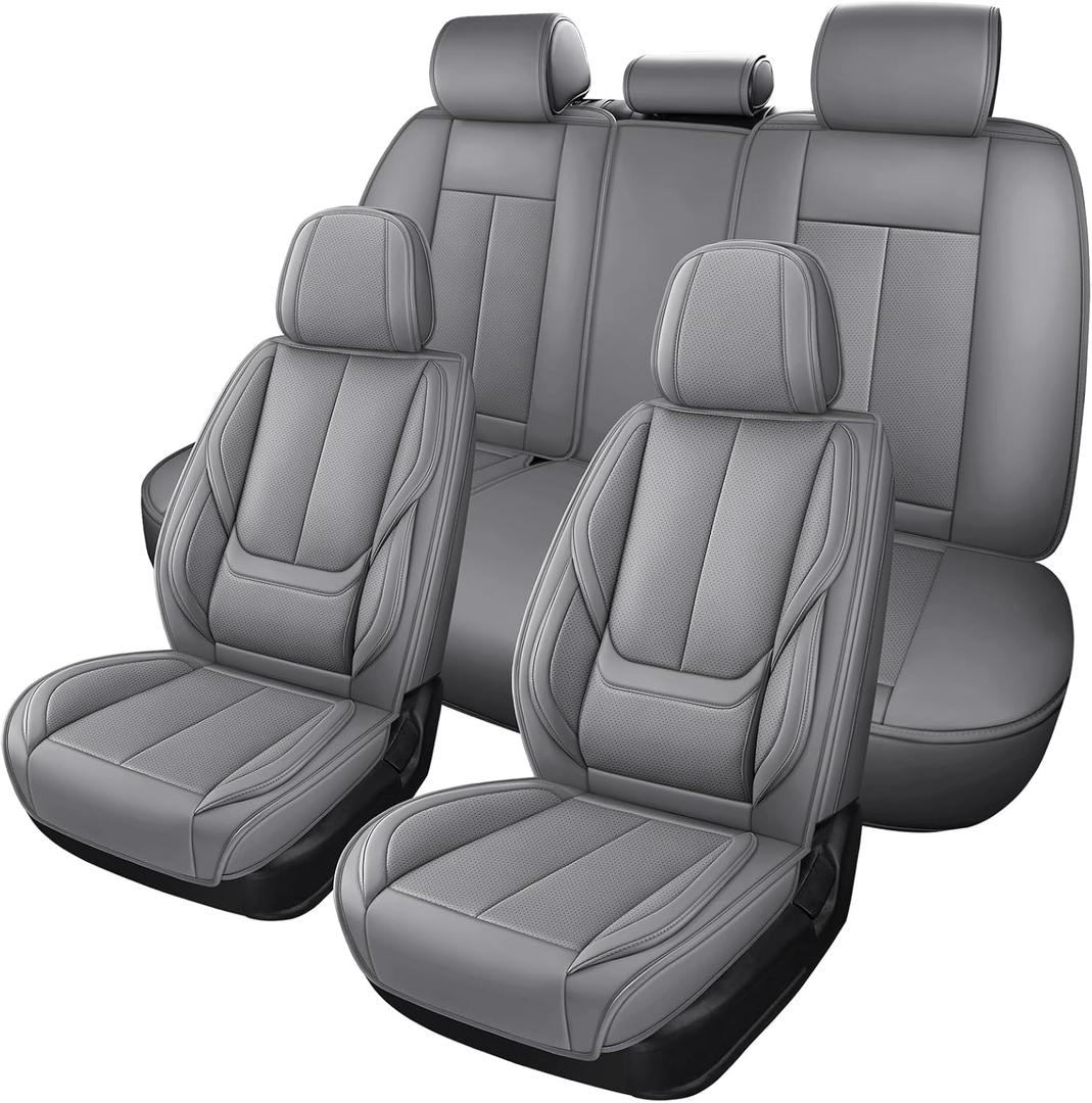MINGBRON Leather Car Seat Covers,Car Seat Covers Full Set,Automotive Seat Covers 5 Seats,Fit for Most Cars SUV and Most Sedans Grey