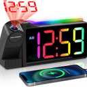 Peakeep Projection Alarm Clock for Bedroom Ceiling, Loud for Heavy Sleepers, RGB Nightlight Multi-Color Large Display 5 Brightness Dimmer, Plug in Bedside Electric LED Digital Clock with USB Port