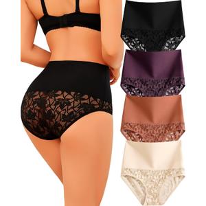 Shapewear for Women Tummy Control High Waisted Panties Sexy Lace Breathable Plus Size Briefs 4-Pack (Black / Purple / Caramel / Nude)