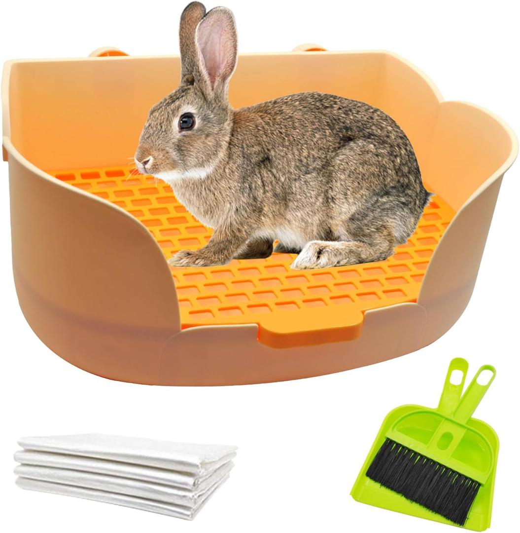 PINVNBY Litter Box for Rabbits,Plastic Rabbit Pan with Grate,Bunny Potty Training Corner Detachable Rabbit Toilet Bedding Accessory for Hedgehog Chinchilla Ferret (Orange)