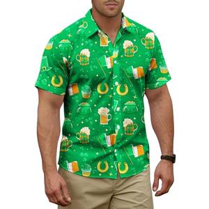 Yoimira St Patrick's Day Shirt Men Irish Clover Printed Hawaiian Shirts for Men Casual Short Sleeve Button Down ShirtClover and Beer-Green, XXL